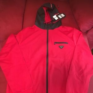Prada logo red and black neoprene and nylon sweatsuit with hood. New. Fits XL